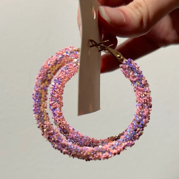 Pink Glitter Hoop Earrings - Picture 2 of 2